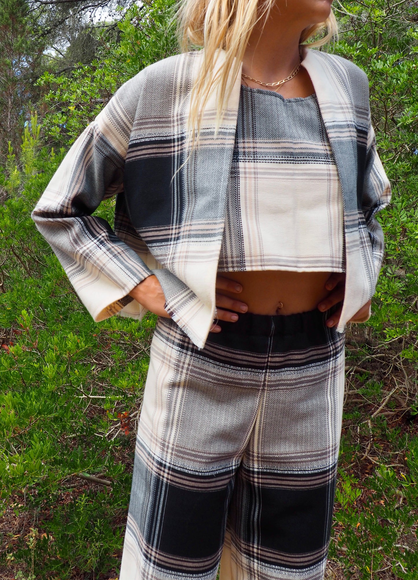 Up-cycled black and white checked cropped jacket nice quality a high end woven made by Vagabond Ibiza