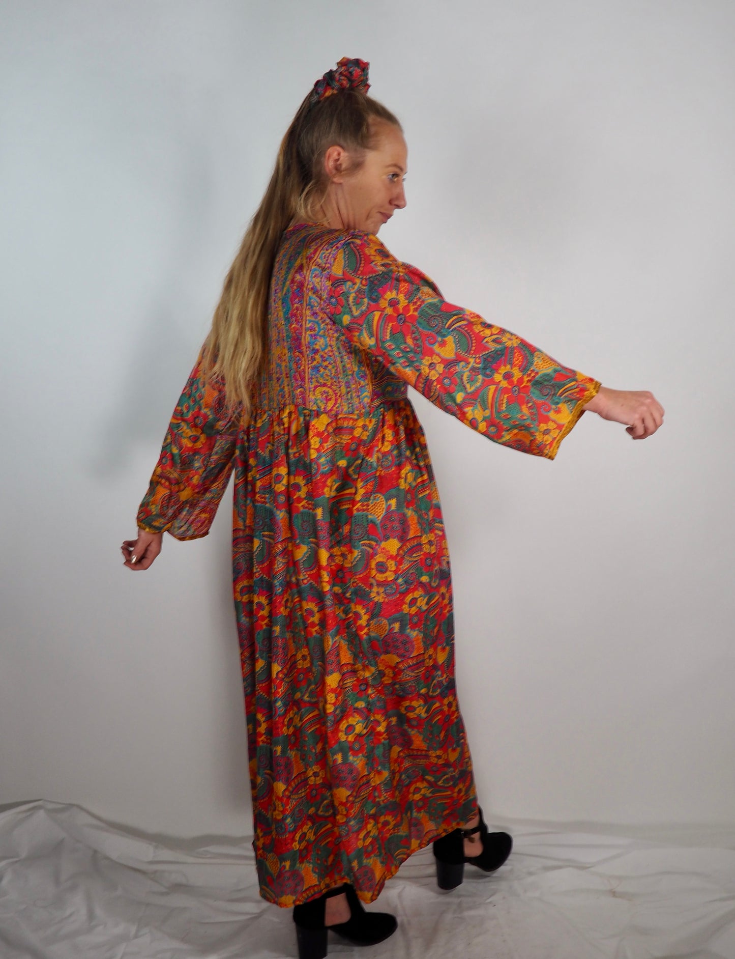 The Vadella Up-cycled Vintage Re-cycled Sari Maxi Dress – Sustainable Boho Dress with Tie Neck Detail + Matching Scrunchy & Bag