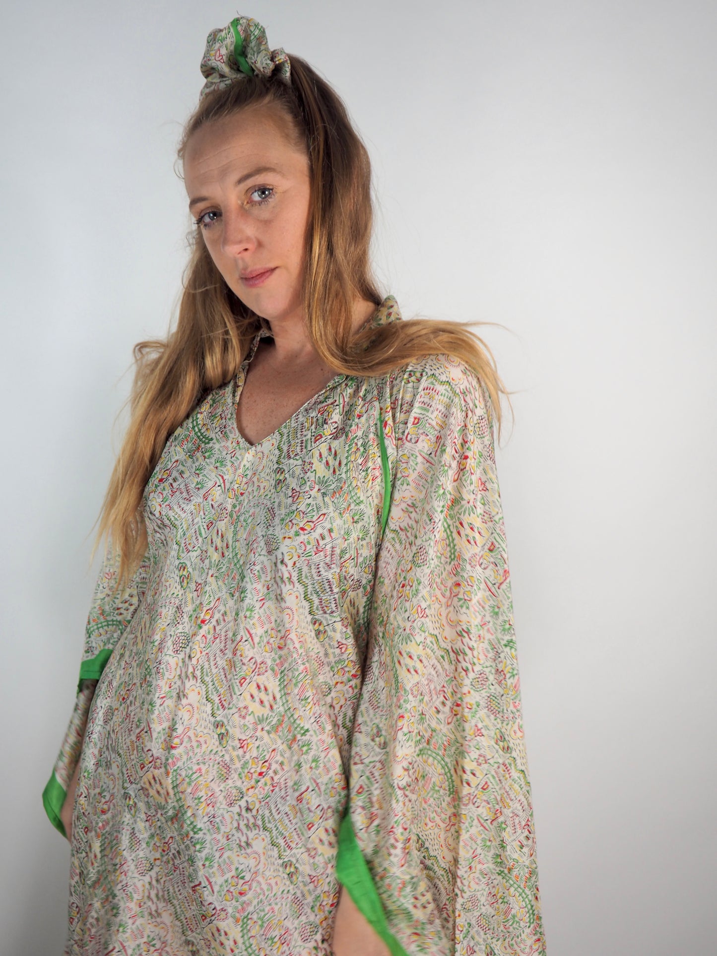 The Diamond Bias-Cut Maxi Dress – Up-cycled Vintage Sari Sustainable Dress with angel Sleeves + Matching Scrunchy & Bag