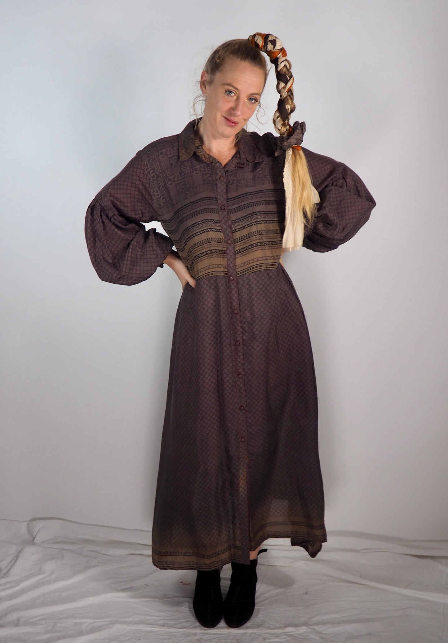 The Lenya Up-cycled Vintage Sari Dress – Sustainable Boho Dress with Oversized Sleeves Matching Scrunchy & Storage Bag*