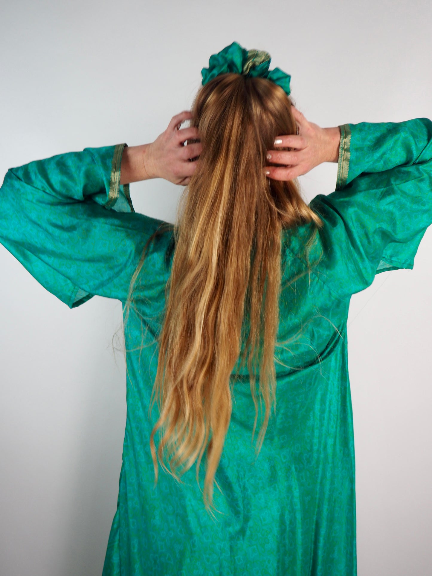 The Diamond Bias-Cut Maxi Dress – Up-cycled Vintage Sari Sustainable Dress with angel Sleeves + Matching Scrunchy & Bag
