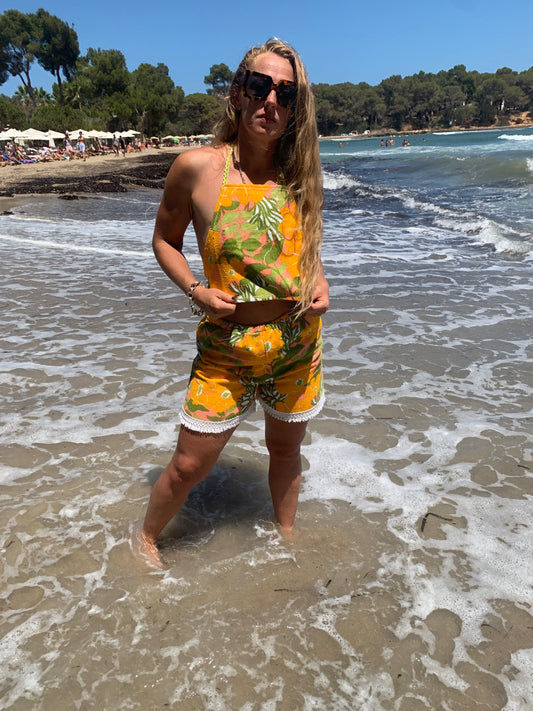 Up-cycled vintage retro floral towel 2 piece set made by Vagabond Ibiza shorts and backless tie top