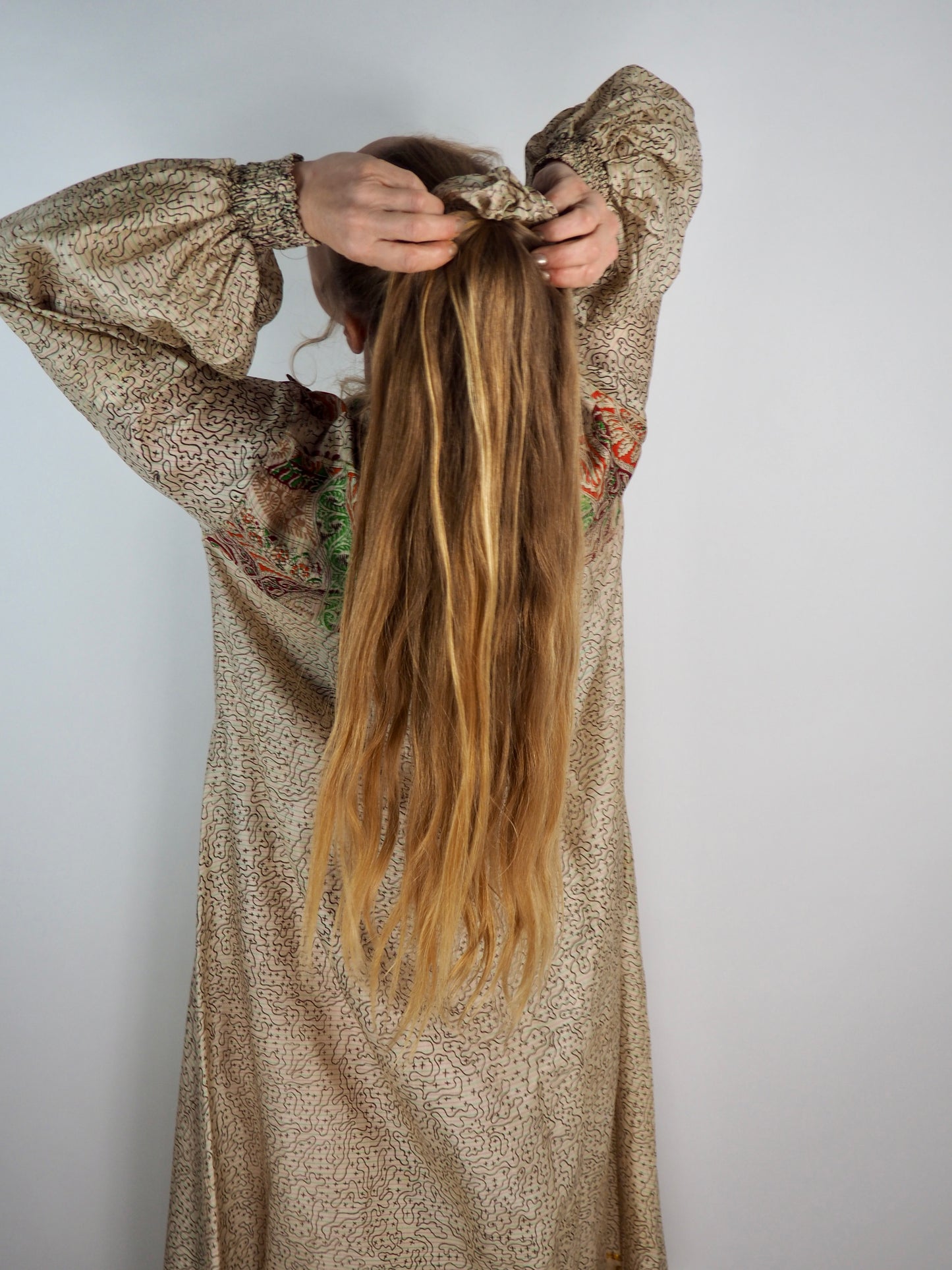 The Lenya Up-cycled Vintage Sari Dress – Sustainable Boho Dress with Oversized Sleeves Matching Scrunchy & Storage Bag