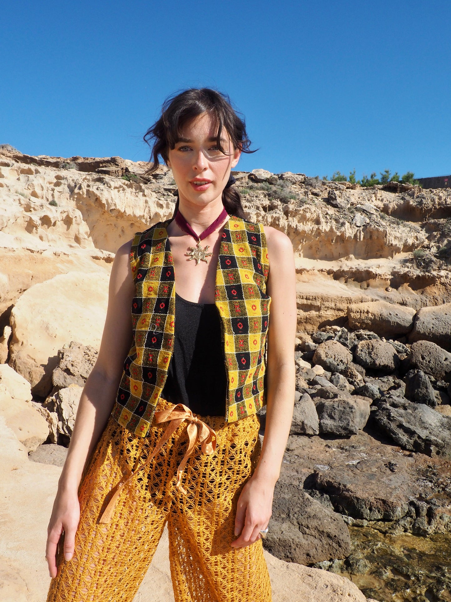 Up-cycled Mustard Yellow Wide-Leg Pants made from machine crochet textiles by Vagabond Ibiza