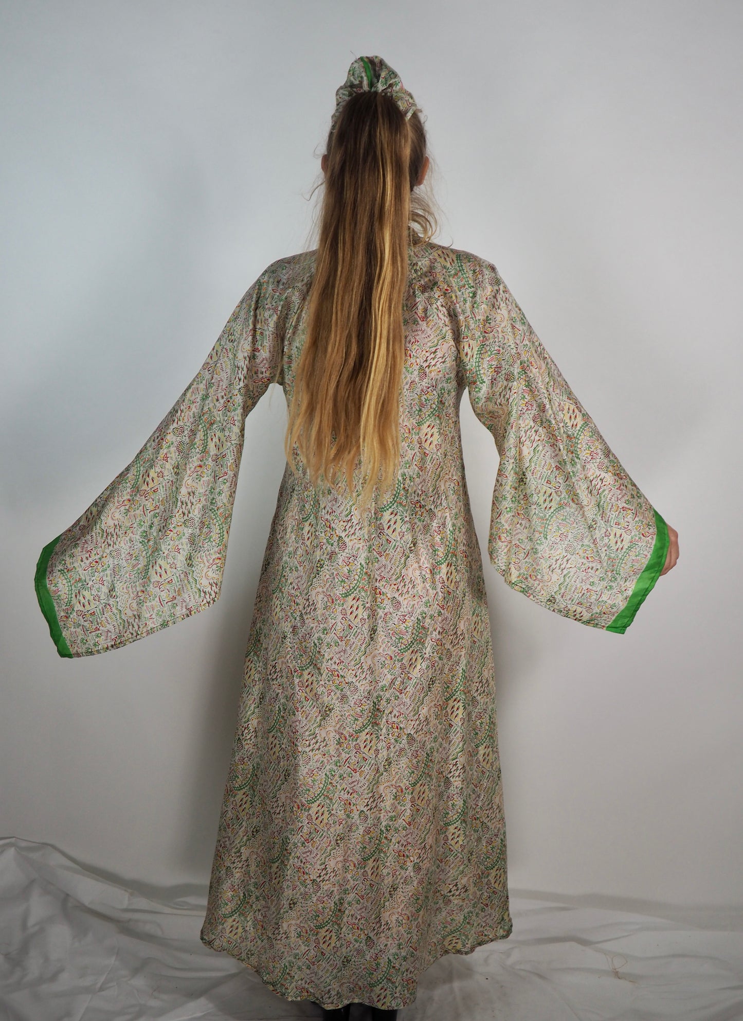 The Diamond Bias-Cut Maxi Dress – Up-cycled Vintage Sari Sustainable Dress with angel Sleeves + Matching Scrunchy & Bag