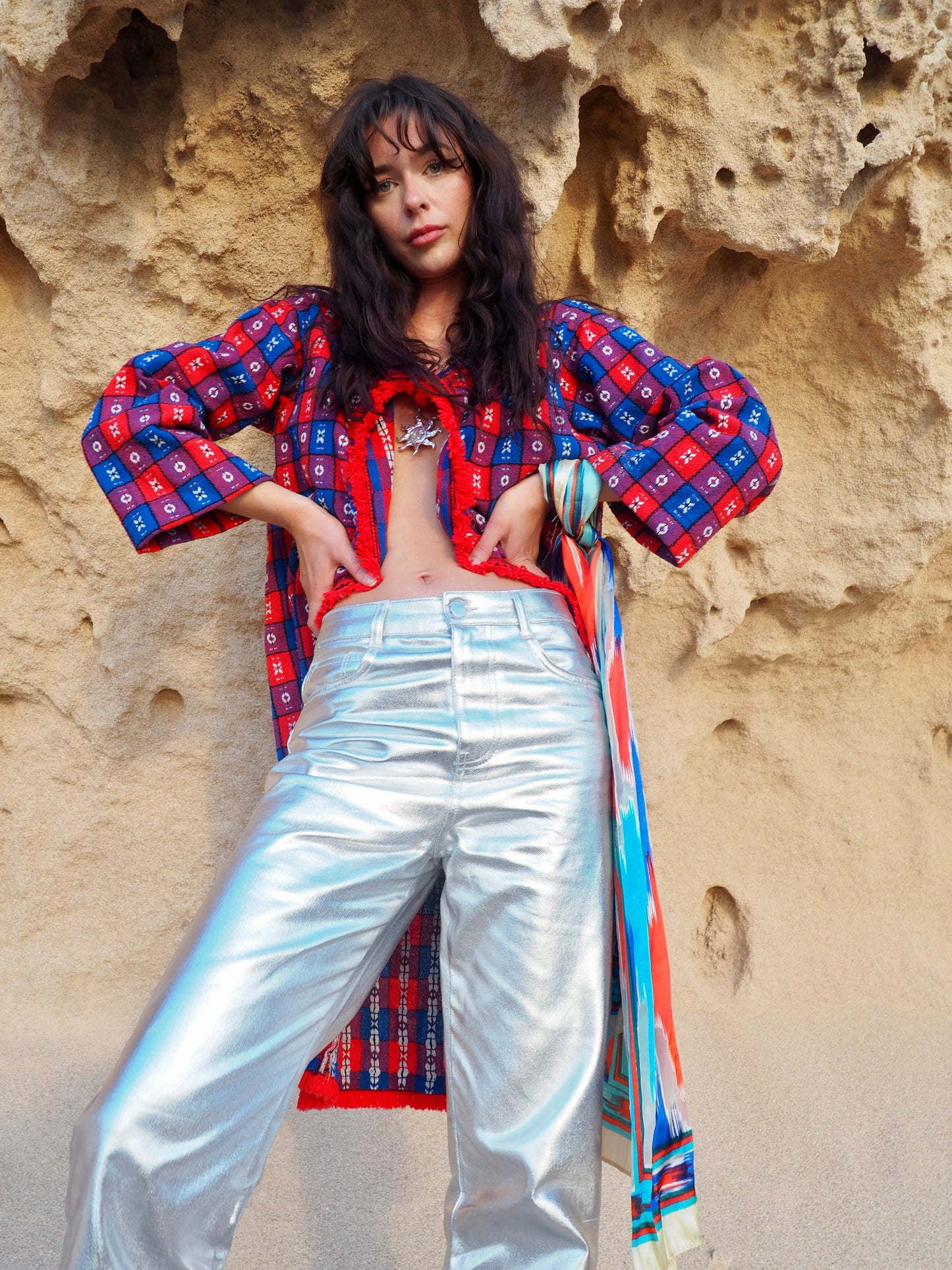 Upcycled Vintage Long Full Jacket in Red and Blue - Made by Vagabond Ibiza