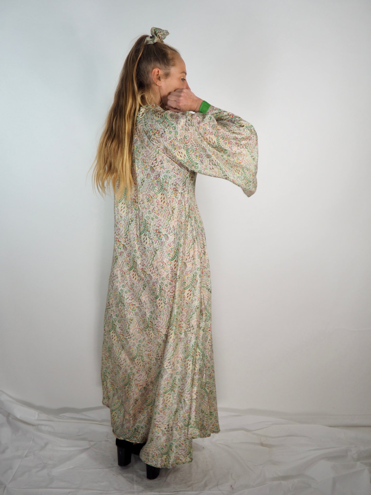 The Diamond Bias-Cut Maxi Dress – Up-cycled Vintage Sari Sustainable Dress with angel Sleeves + Matching Scrunchy & Bag