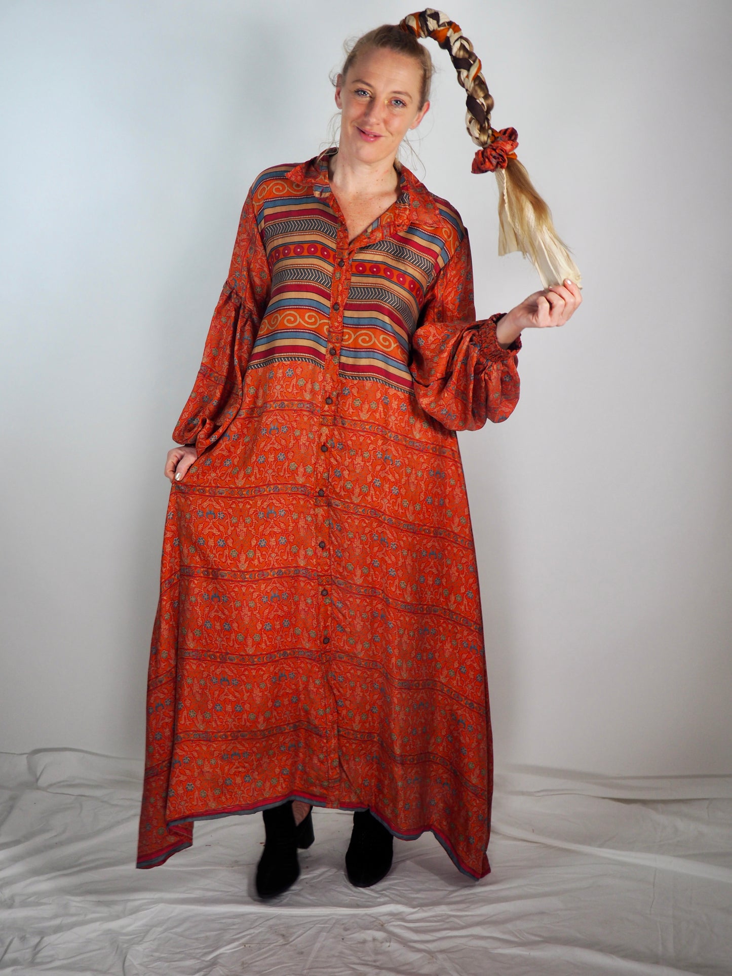The Lenya Up-cycled Vintage Sari Dress – Sustainable Boho Dress with Oversized Sleeves Matching Scrunchy & Storage Bag*