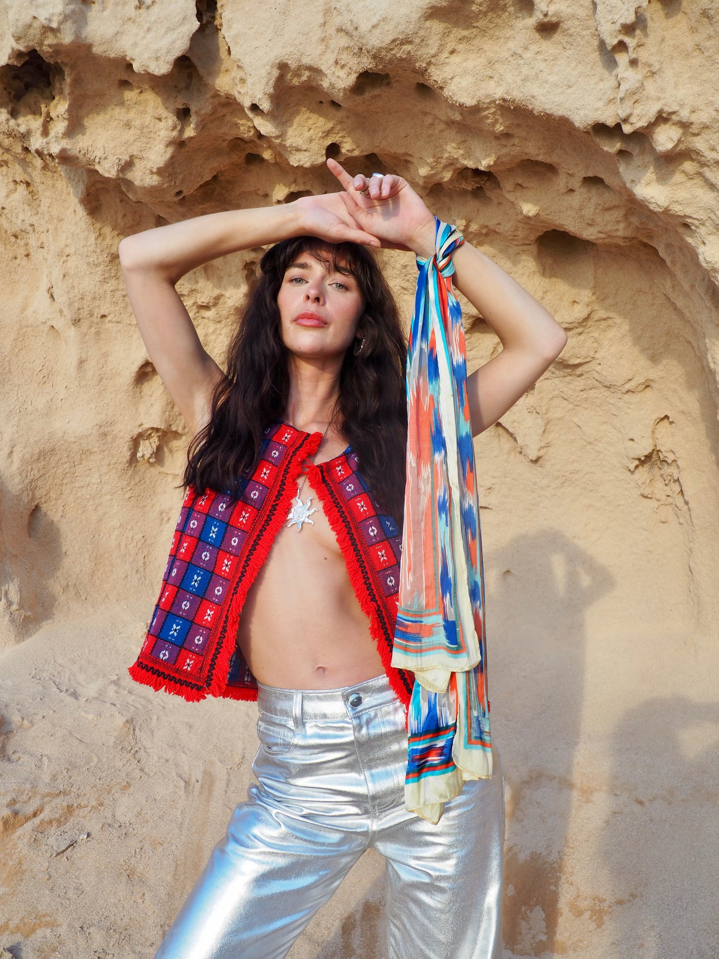 Up-cycled Vintage Cropped Waistcoat in Red and Blue - Made by Vagabond Ibiza