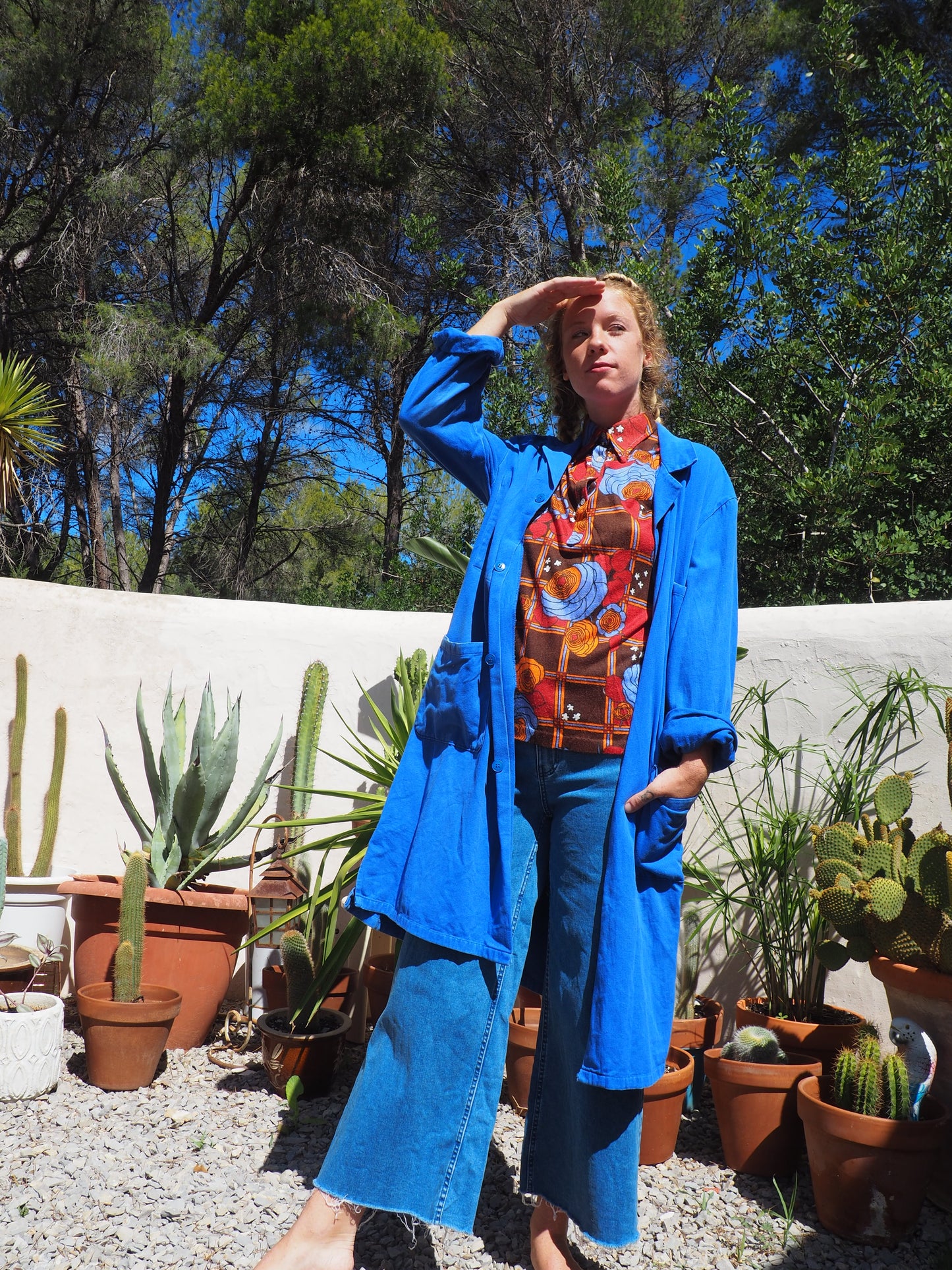 Vintage French blue cotton long work wear jacket with pockets and buttons up the front super cool
