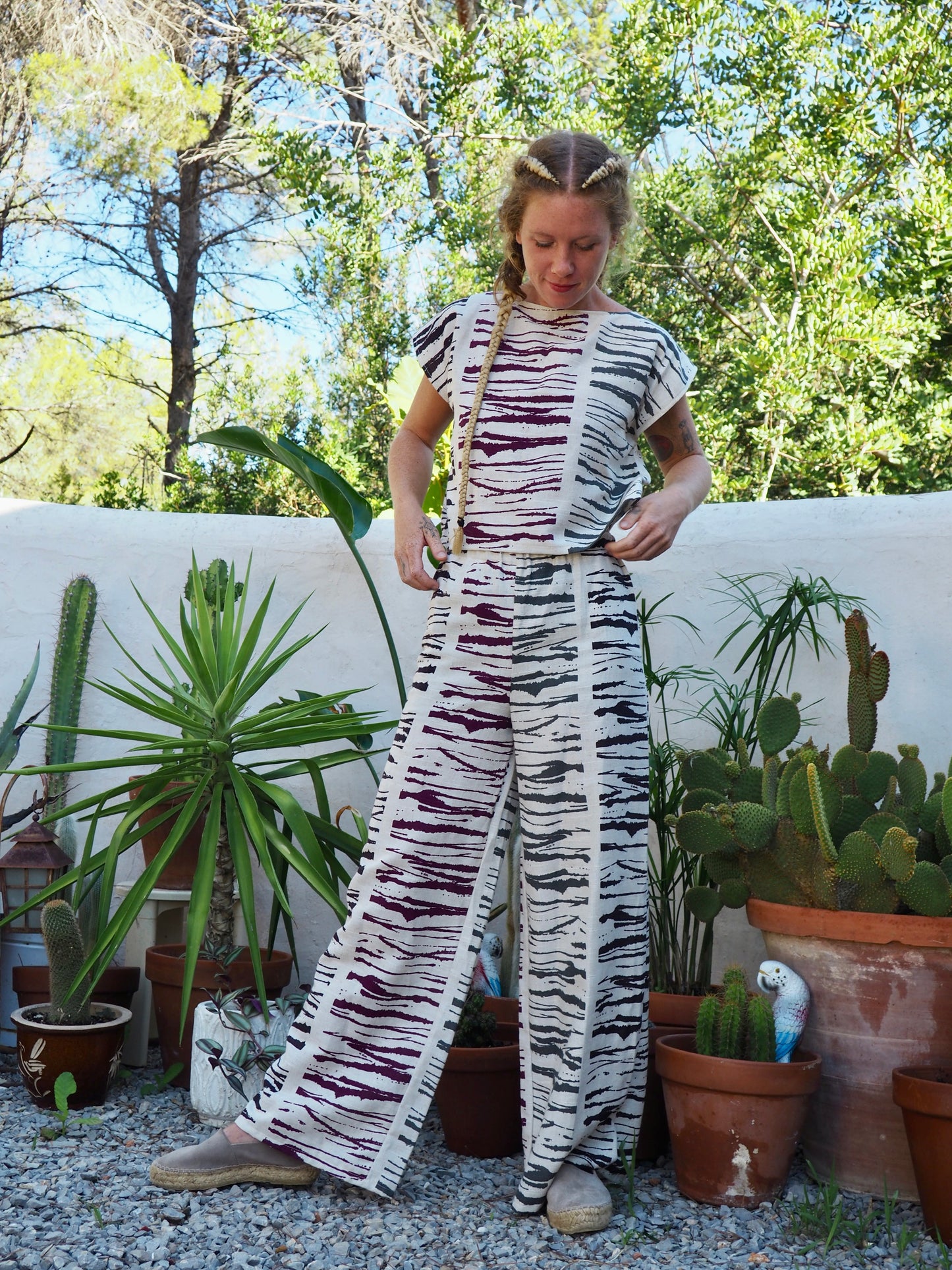 Super nice linen fabric with abstract print up-cycled wide leg pants made by Vagabond Ibiza