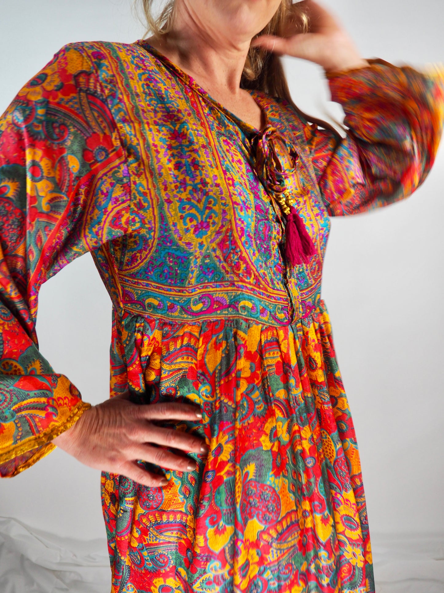 The Vadella Up-cycled Vintage Re-cycled Sari Maxi Dress – Sustainable Boho Dress with Tie Neck Detail + Matching Scrunchy & Bag