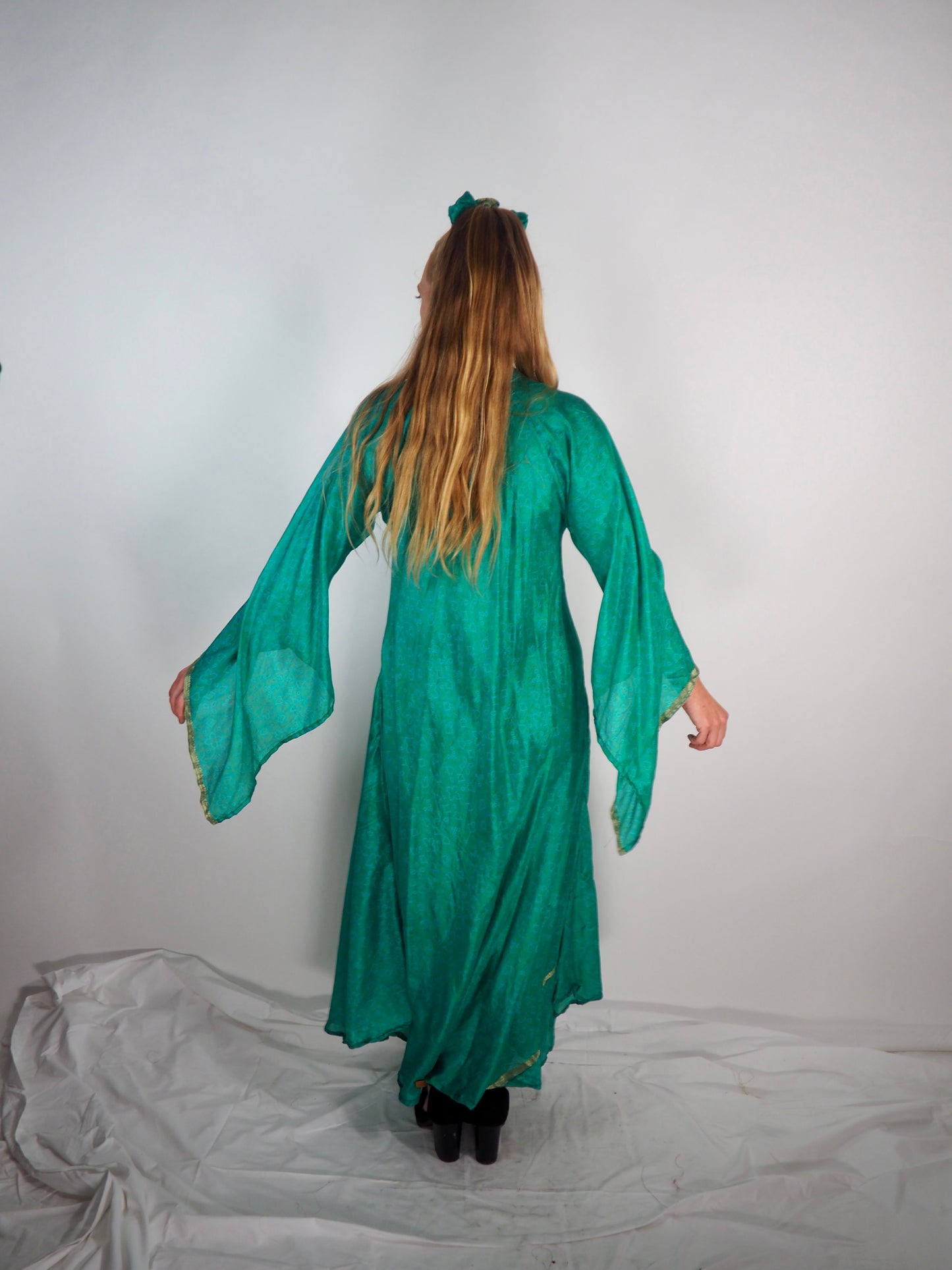 The Diamond Bias-Cut Maxi Dress – Up-cycled Vintage Sari Sustainable Dress with angel Sleeves + Matching Scrunchy & Bag