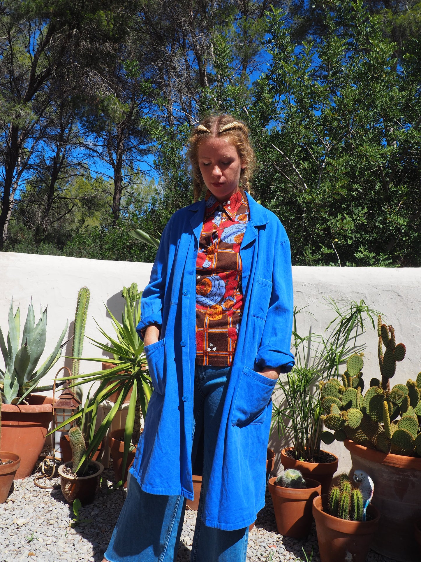 Vintage French blue cotton long work wear jacket with pockets and buttons up the front super cool