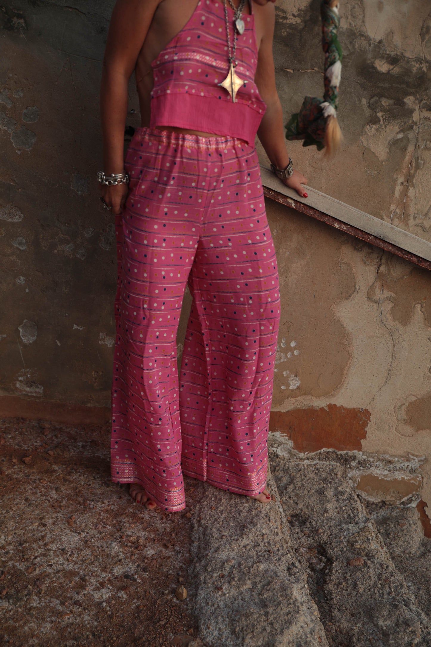 Up-cycled vintage cotton 2 piece set tie top and pants in super thin lightweight pink printed cotton perfect for beach days and vibes around Ibiza town.