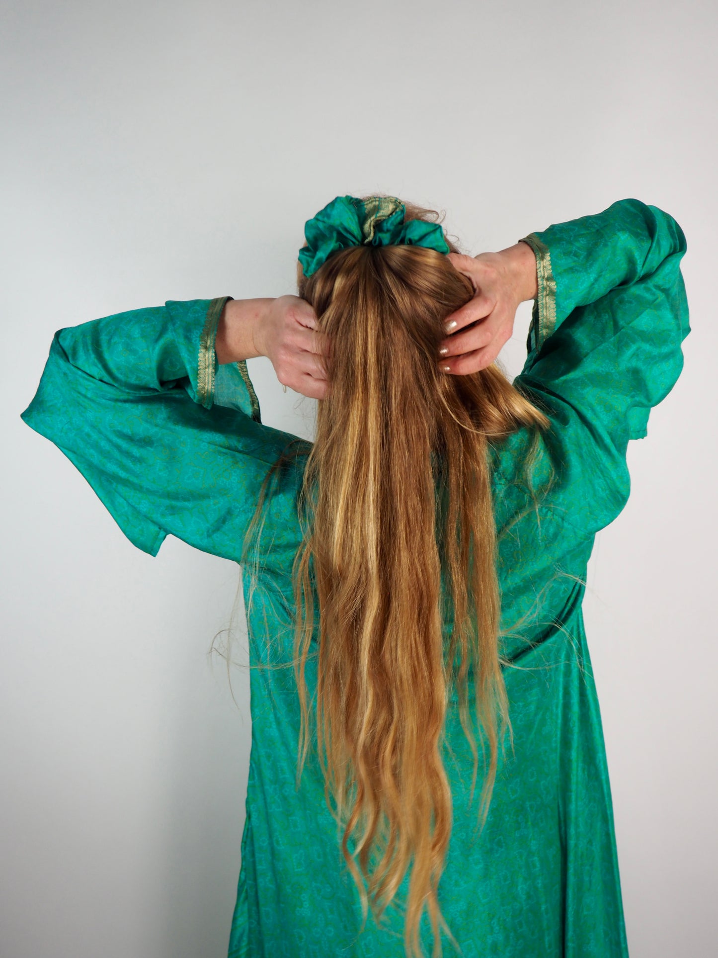 The Diamond Bias-Cut Maxi Dress – Up-cycled Vintage Sari Sustainable Dress with angel Sleeves + Matching Scrunchy & Bag