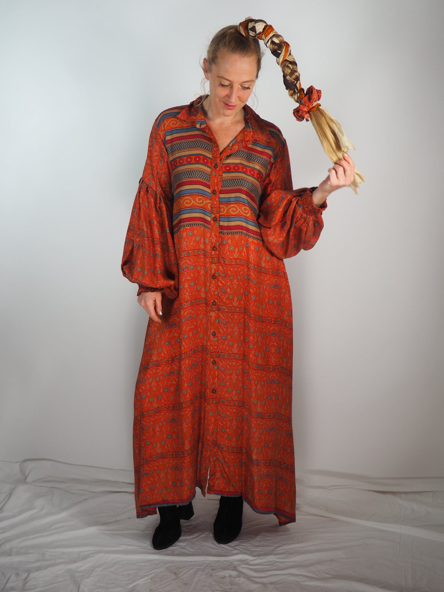 The Lenya Up-cycled Vintage Sari Dress – Sustainable Boho Dress with Oversized Sleeves Matching Scrunchy & Storage Bag*