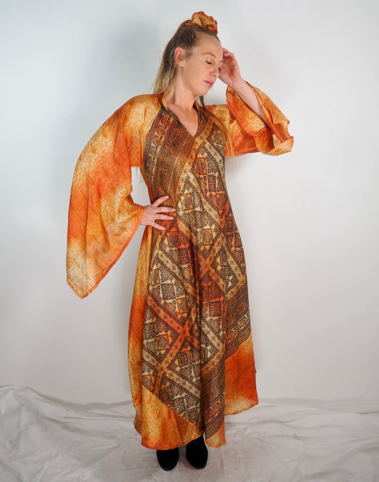 The Diamond Bias-Cut Maxi Dress – Up-cycled Vintage Sari Sustainable Dress with angel Sleeves + Matching Scrunchy & Bag