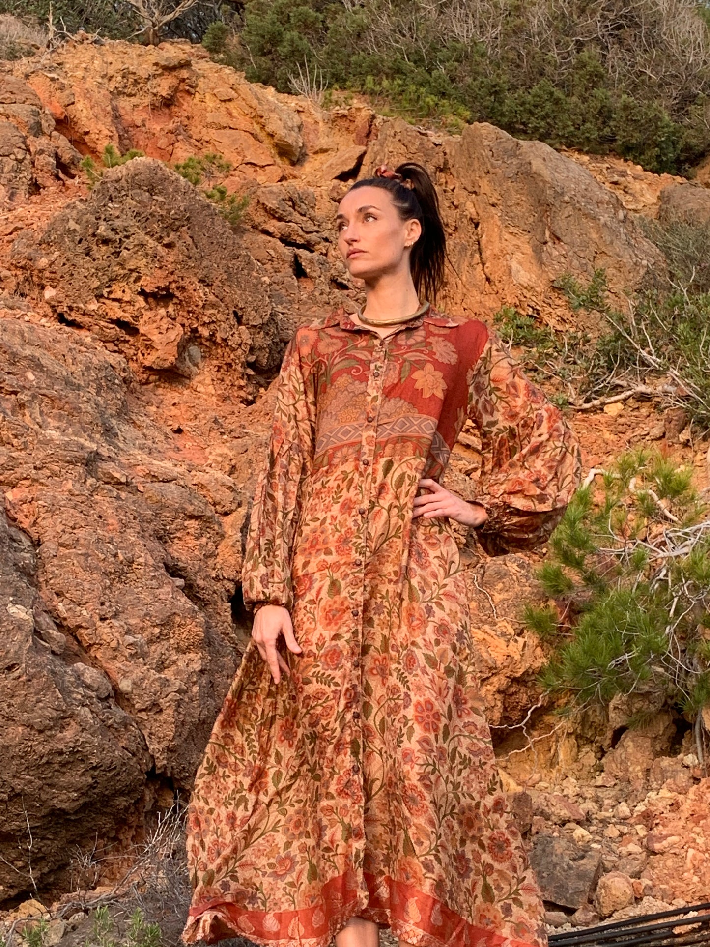 The Lenya Up-cycled Vintage Sari Dress – Sustainable Boho Dress with Oversized Sleeves Matching Scrunchy & Storage Bag