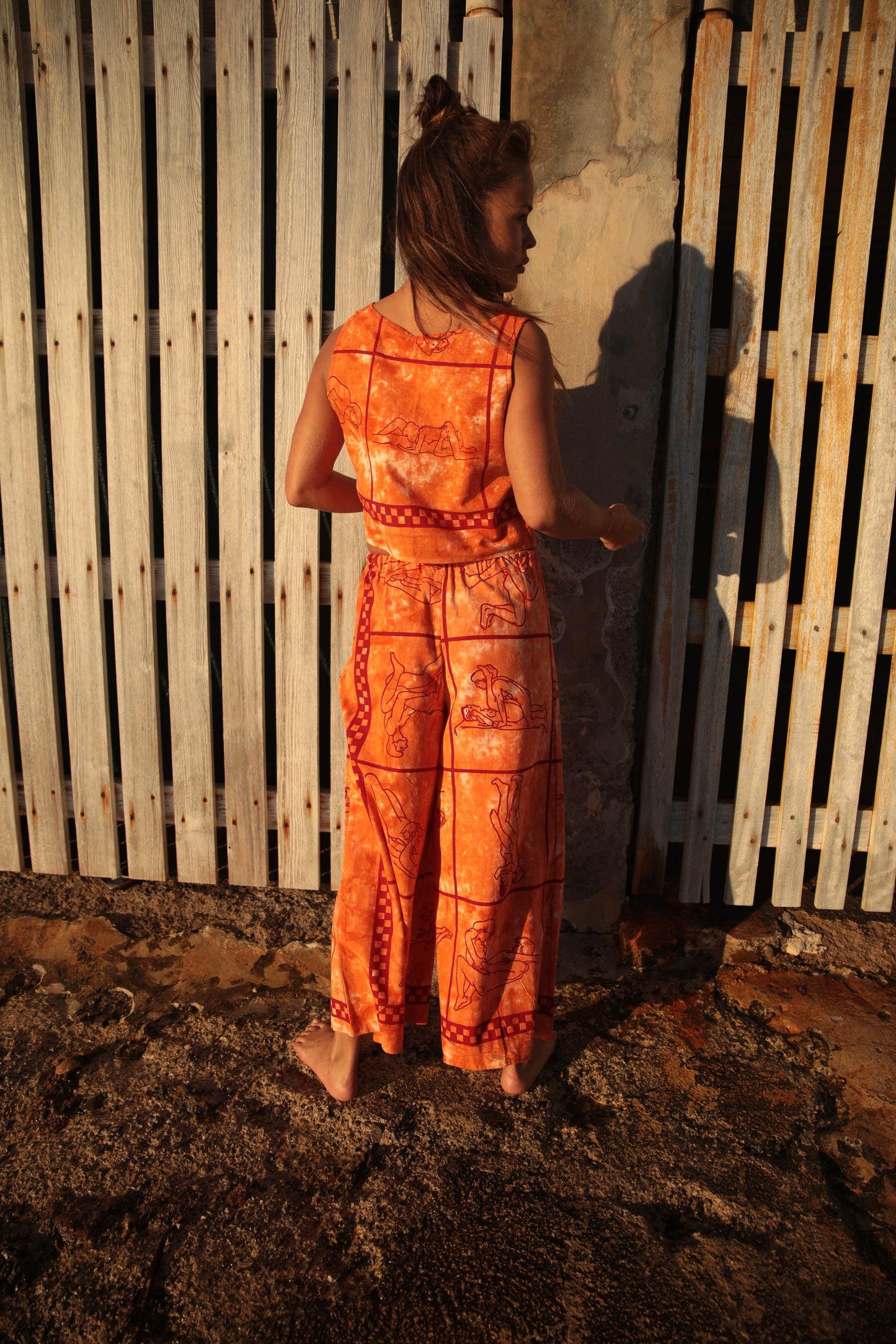 Up-cycled vintage cotton 3 piece set top and pants and mid length kimono cover up with printed karma sutra design in bright orange