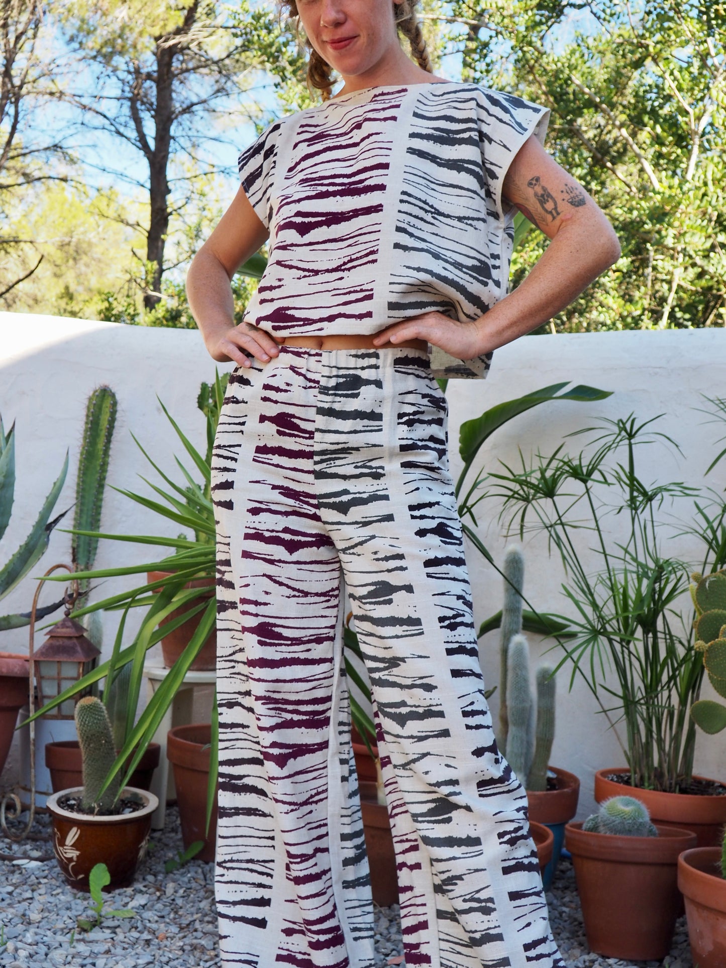 Super nice linen fabric with abstract print up-cycled wide leg pants made by Vagabond Ibiza