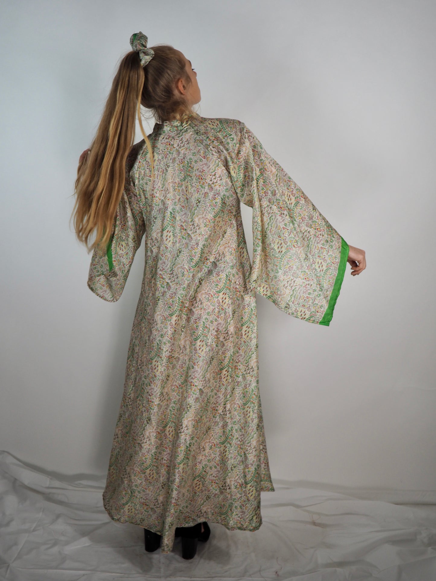 The Diamond Bias-Cut Maxi Dress – Up-cycled Vintage Sari Sustainable Dress with angel Sleeves + Matching Scrunchy & Bag