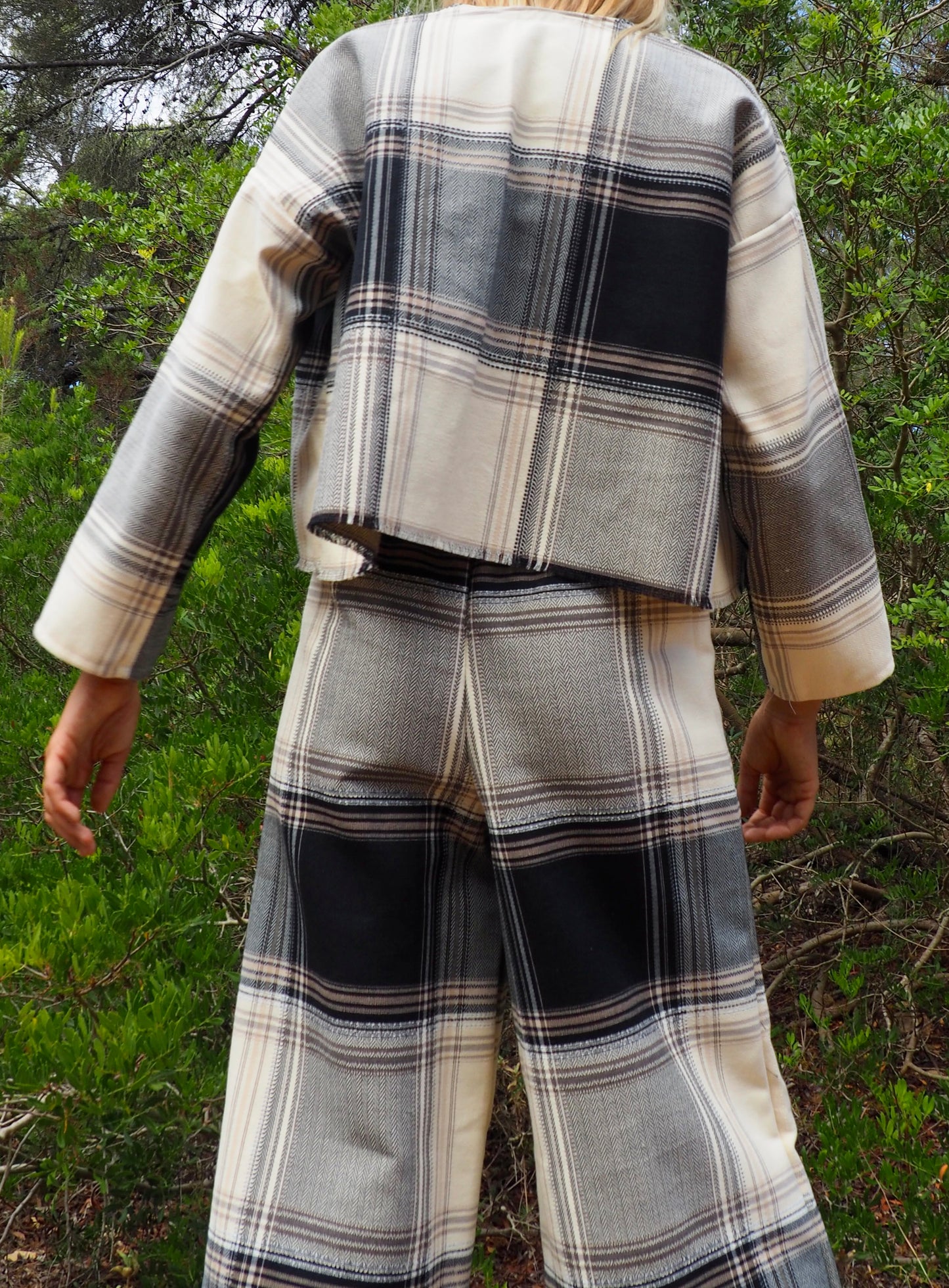 Up-cycled black and white checked cropped jacket nice quality a high end woven made by Vagabond Ibiza