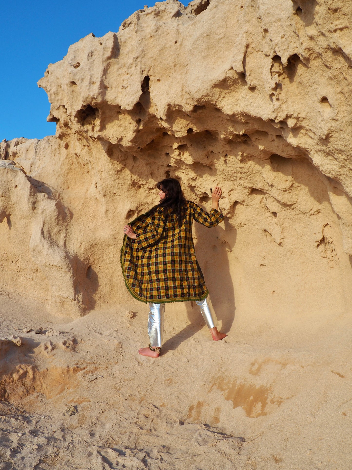 Long Full Jacket in Mustard Yellow, Black, and Red - Upcycled Vintage Textiles Made by Vagabond Ibiza