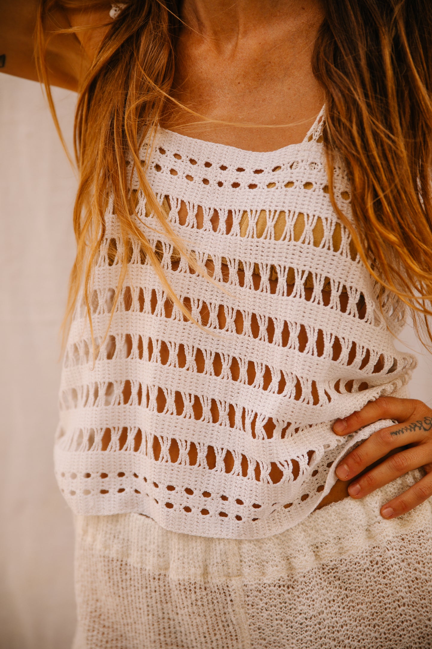 Up-cycled Vintage Crochet Top with French Lace Straps – Handmade by Vagabond Ibiza