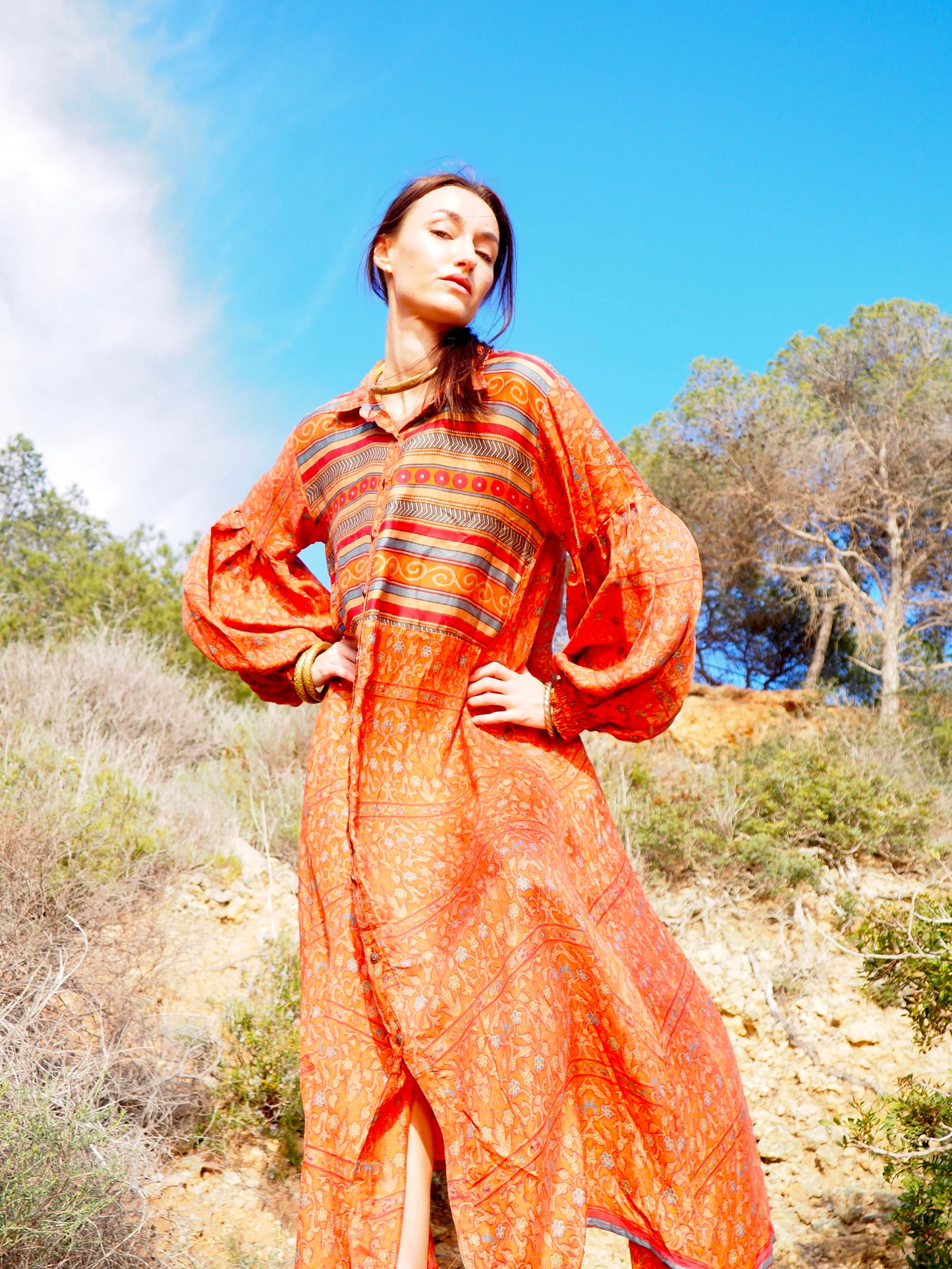 The Lenya Up-cycled Vintage Sari Dress – Sustainable Boho Dress with Oversized Sleeves Matching Scrunchy & Storage Bag*