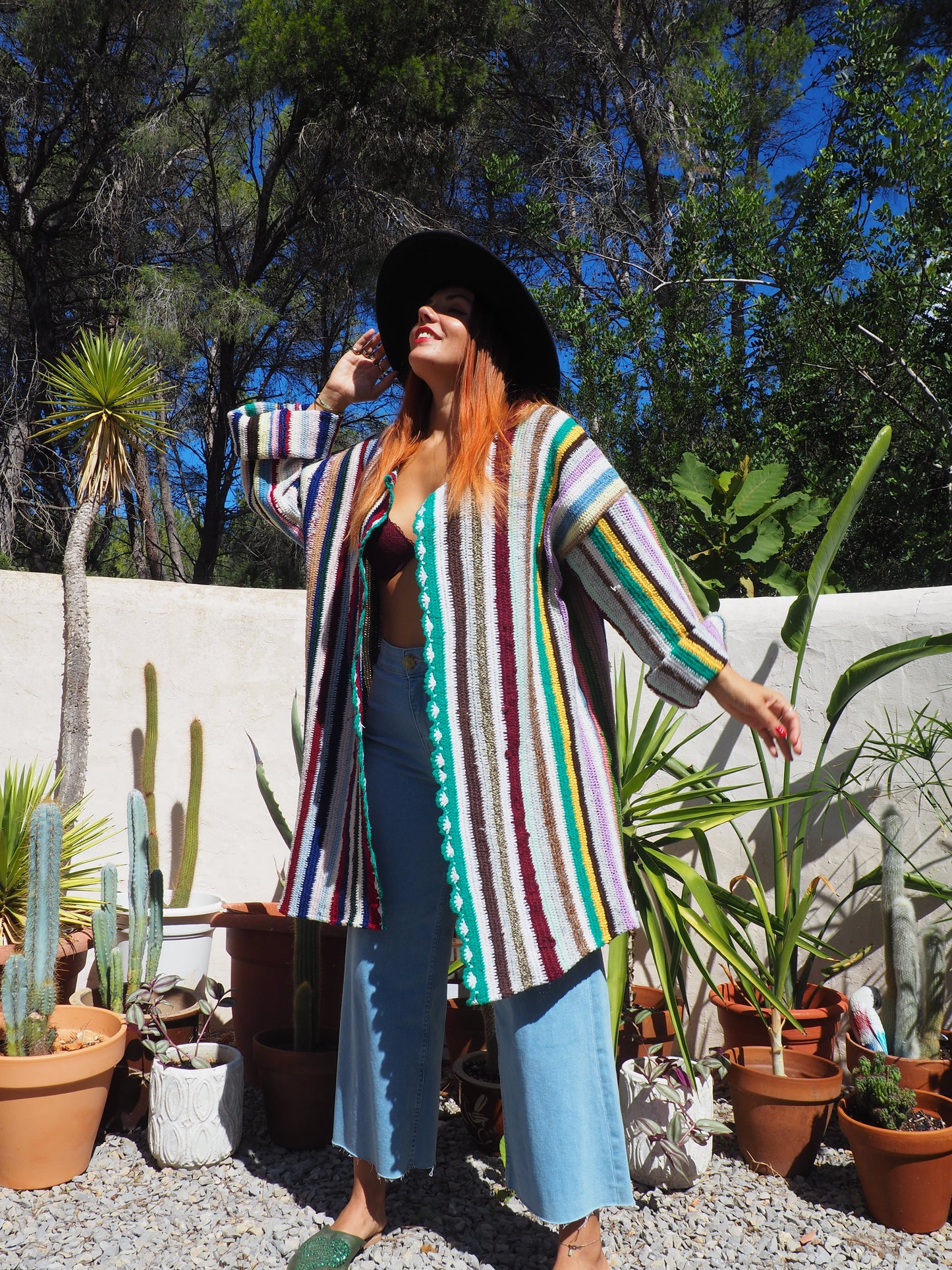 Vintage striped rainbow wool and cotton crochet jacket up-cycled by Vagabond Ibiza