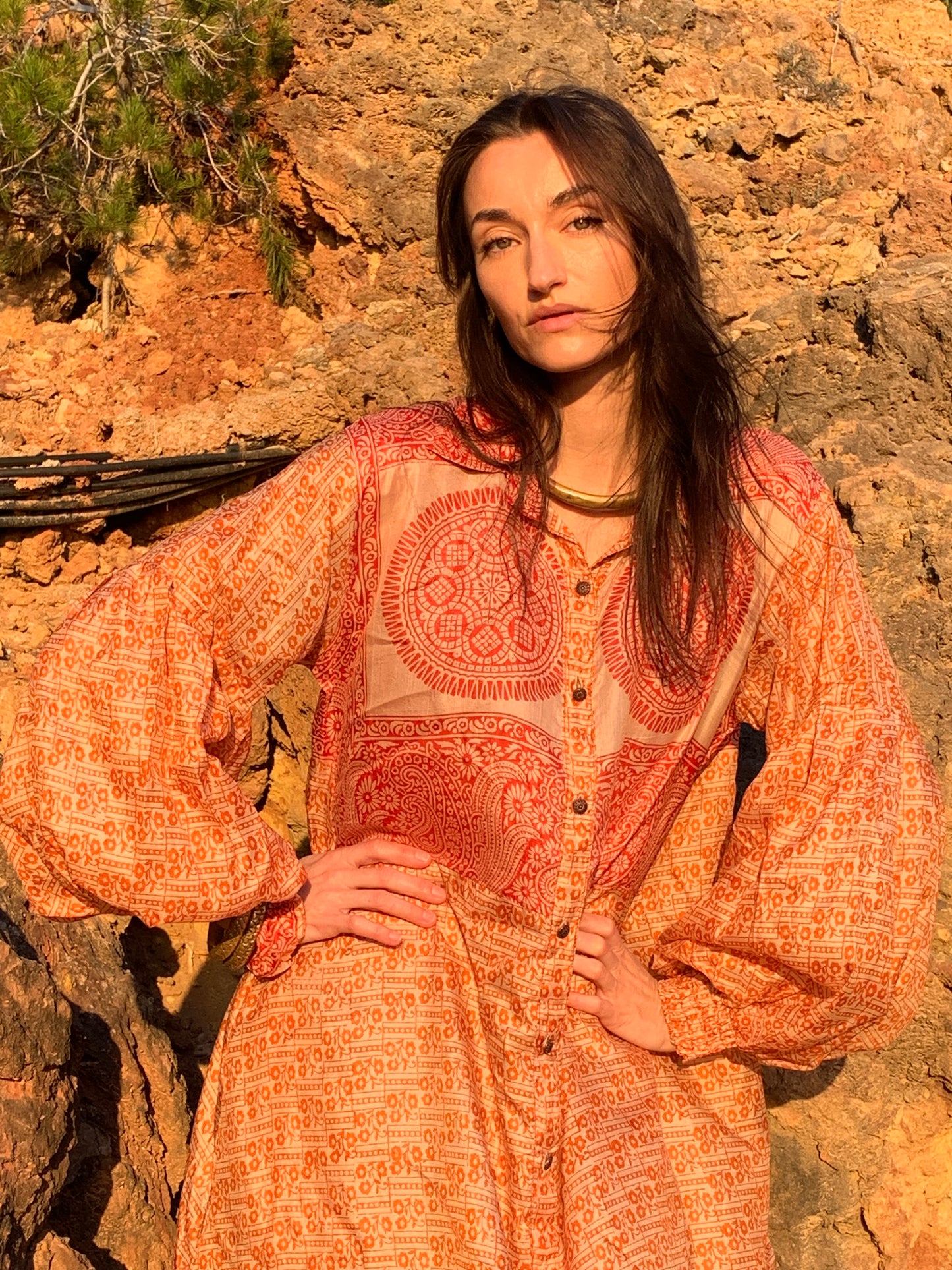 The Lenya Up-cycled Vintage Sari Dress – Sustainable Boho Dress with Oversized Sleeves Matching Scrunchy & Storage Bag