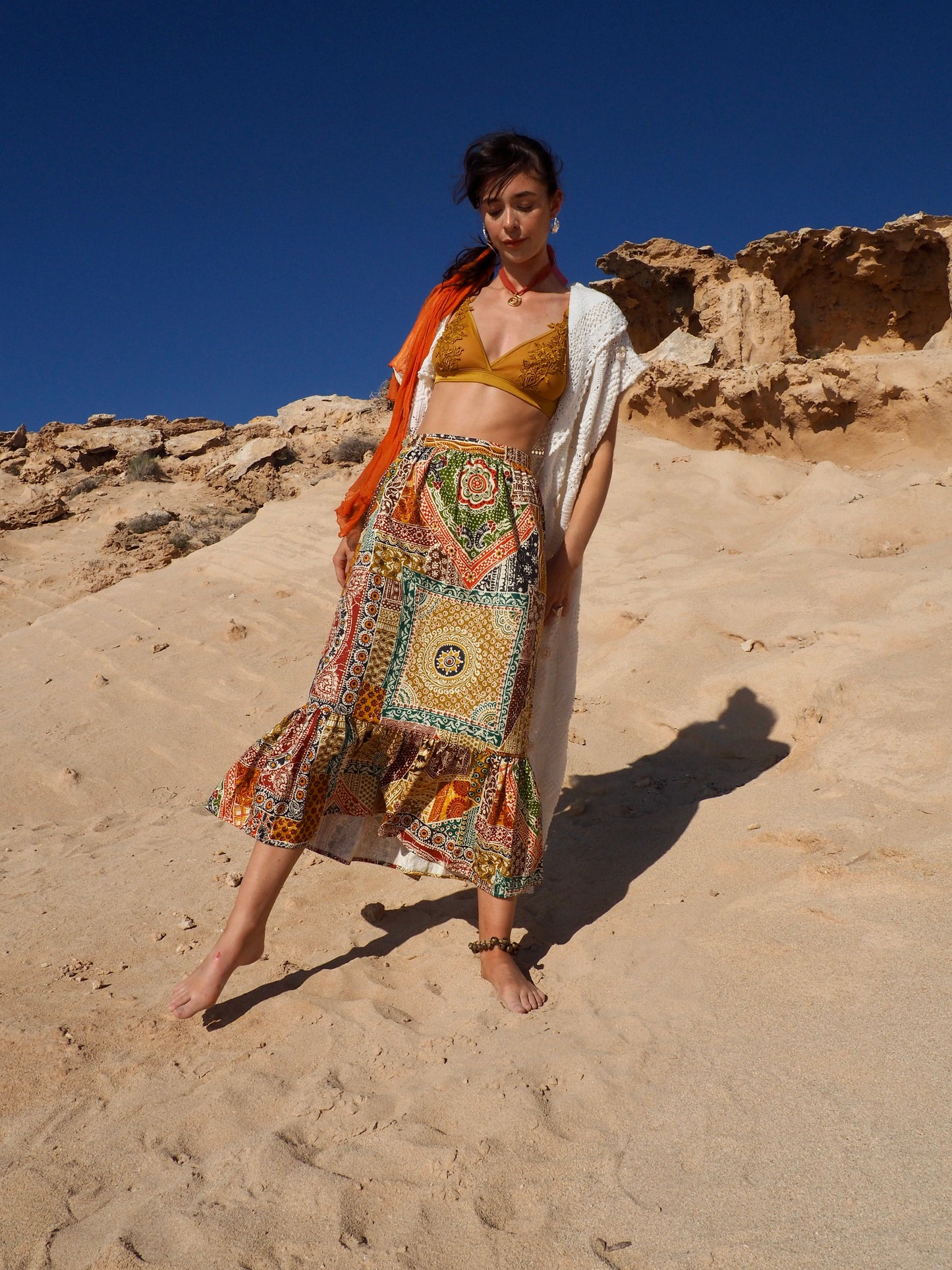 Vintage 1970s Cotton Patchwork Printed Maxi Skirt