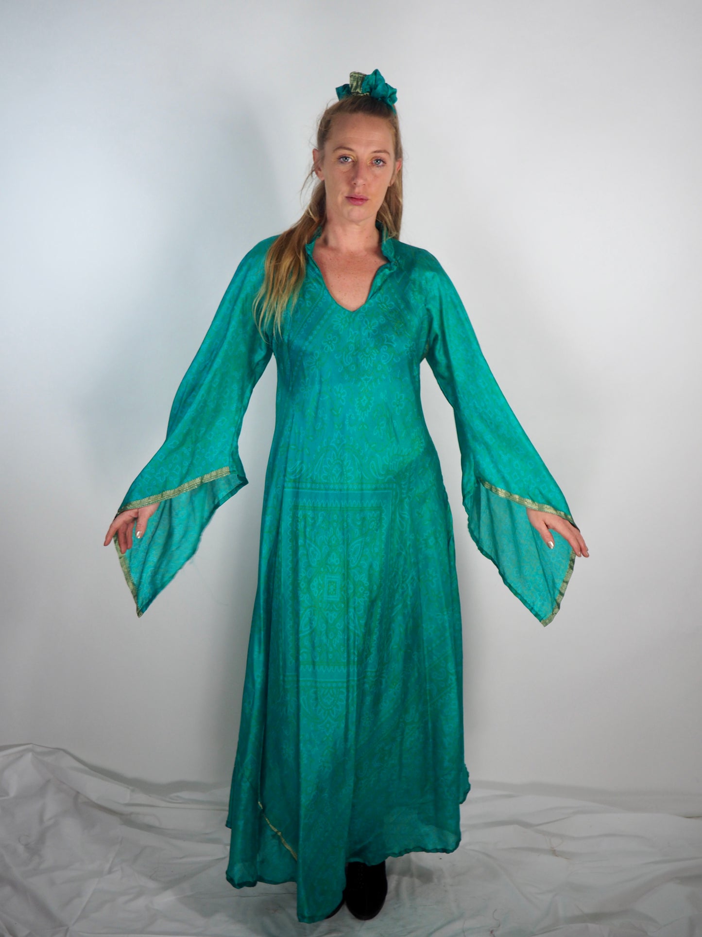 The Diamond Bias-Cut Maxi Dress – Up-cycled Vintage Sari Sustainable Dress with angel Sleeves + Matching Scrunchy & Bag