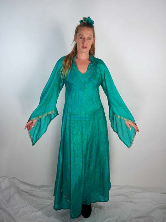 The Diamond Bias-Cut Maxi Dress – Up-cycled Vintage Sari Sustainable Dress with angel Sleeves + Matching Scrunchy & Bag