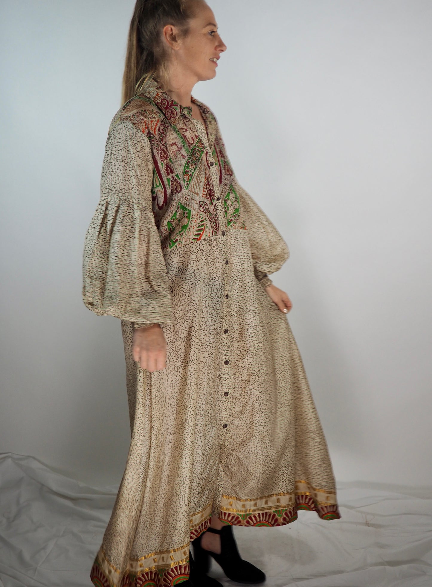The Lenya Up-cycled Vintage Sari Dress – Sustainable Boho Dress with Oversized Sleeves Matching Scrunchy & Storage Bag