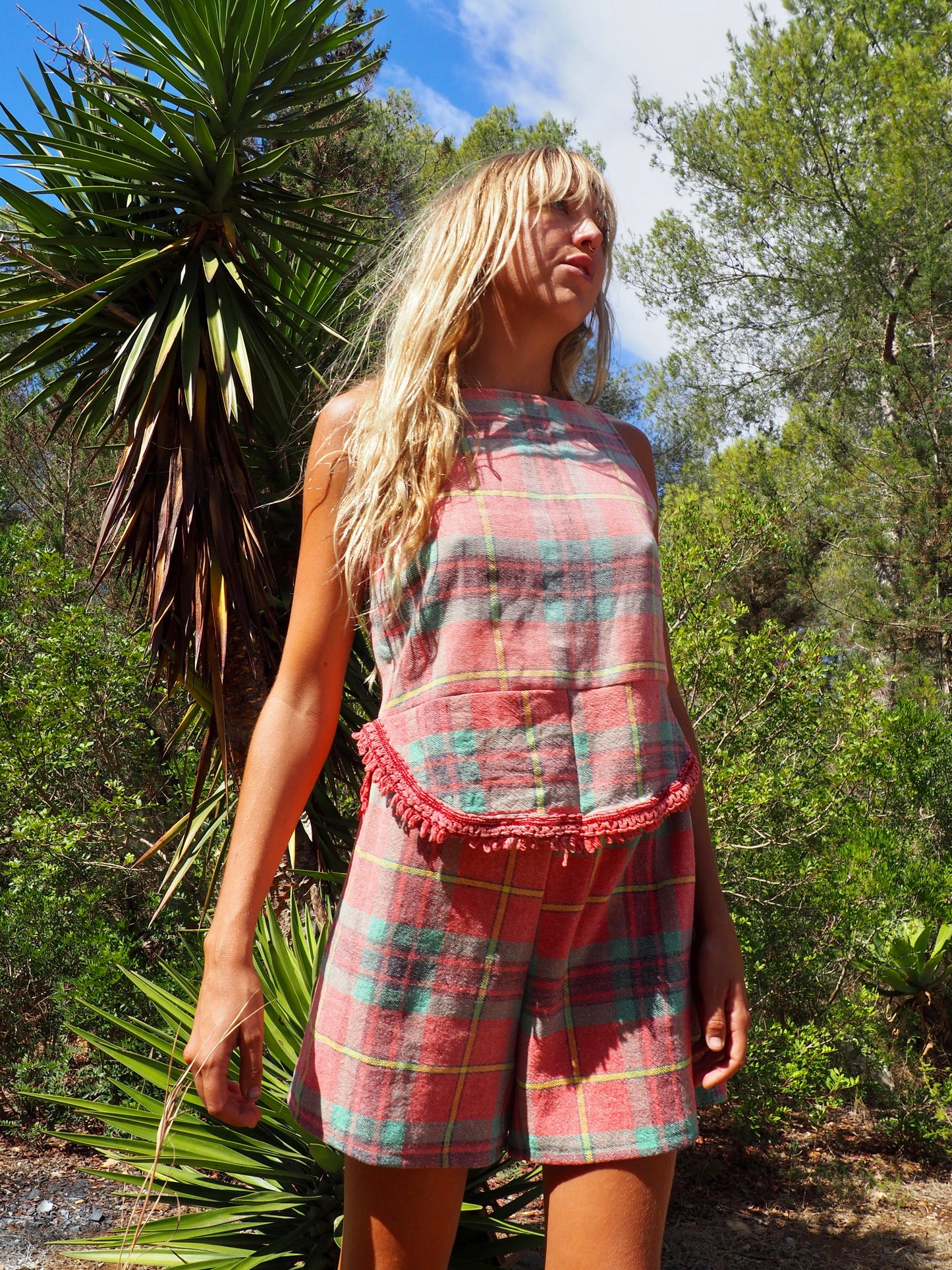 Vintage red and green 1970’s checked table cloth top by Vagabond Ibiza