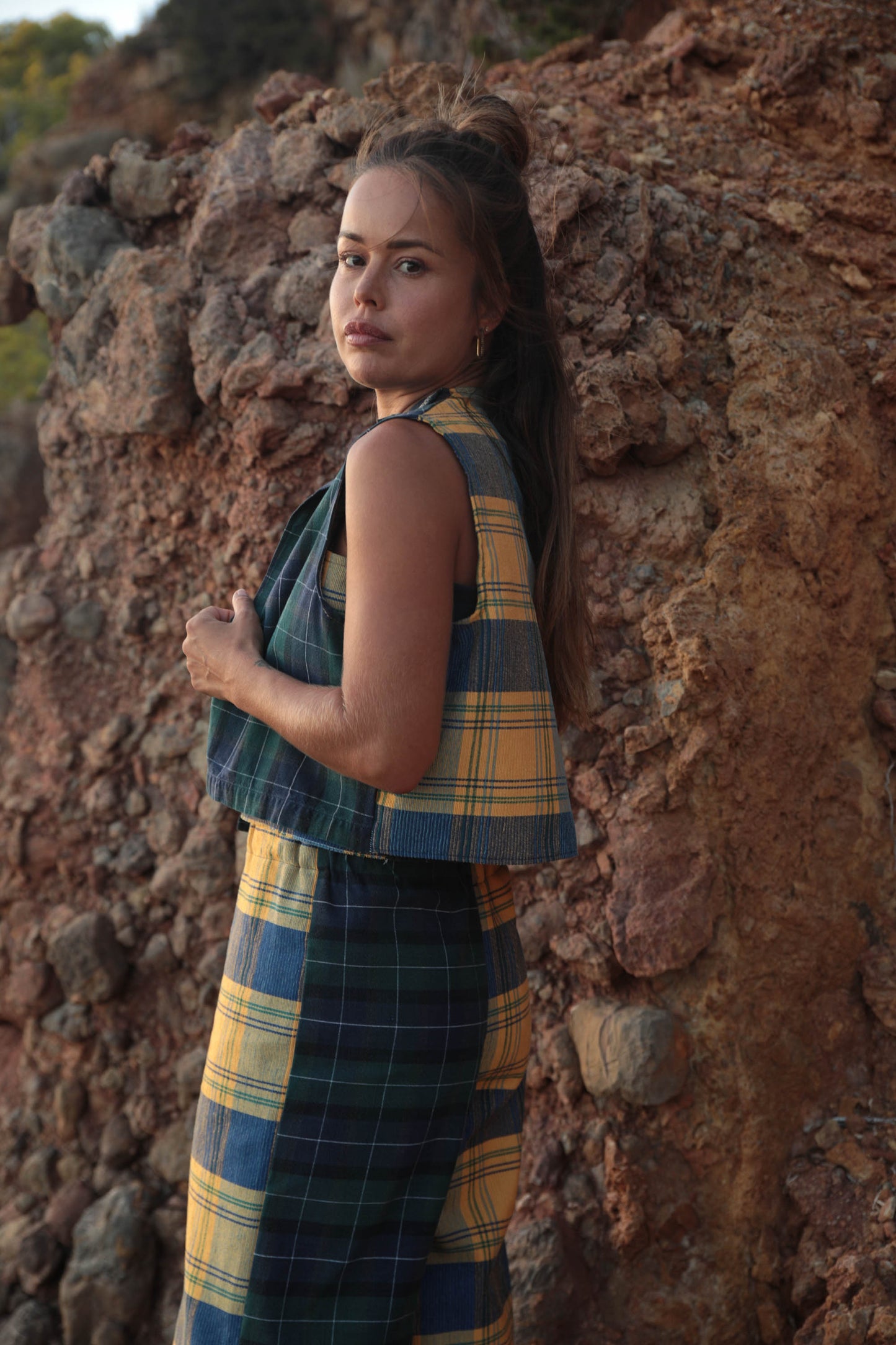 Up-cycled vintage cotton 3 piece set top and pants and wait coat set made from vintage textiles patch together with a yellow and blue checked design.