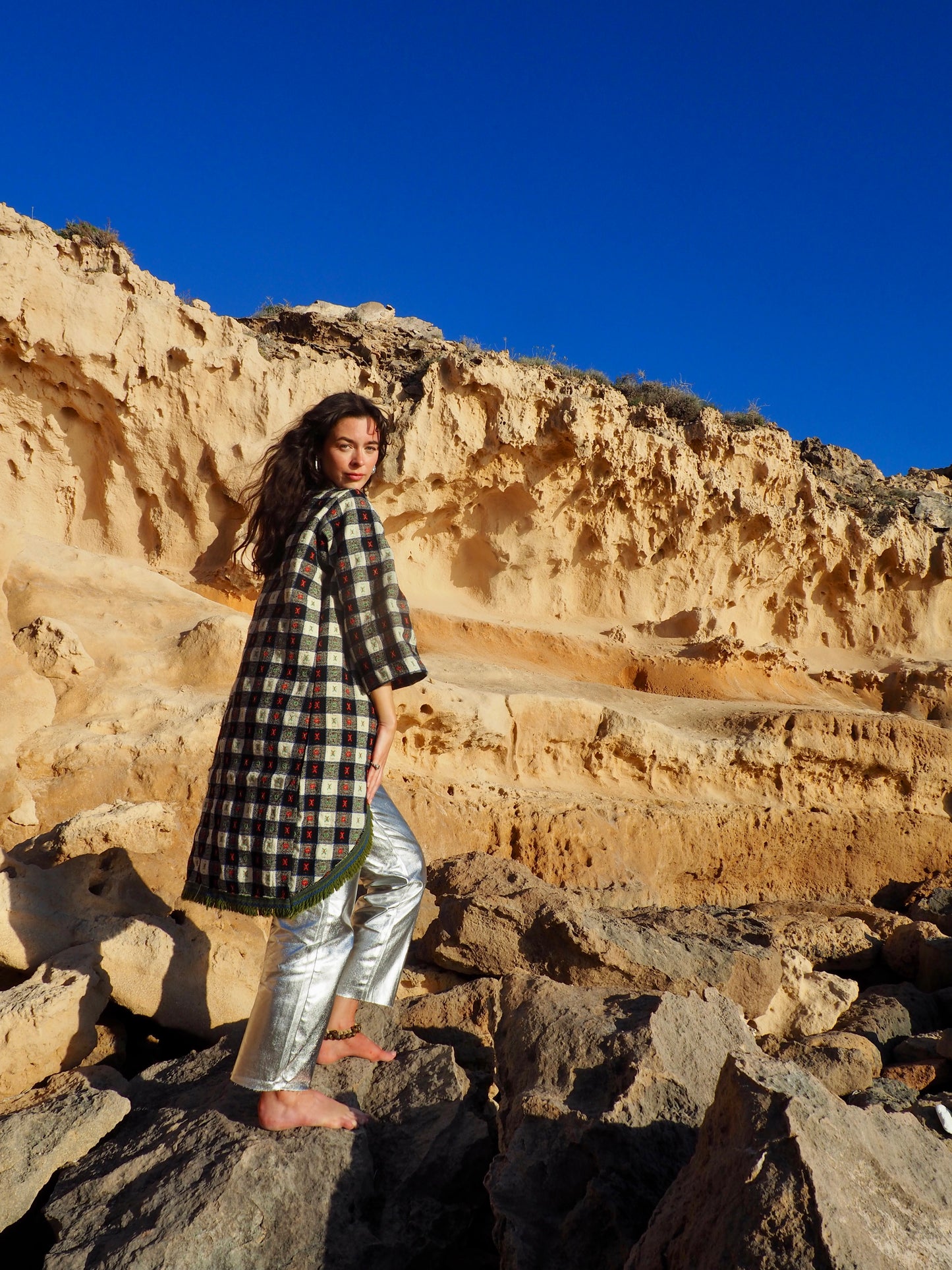 Up-cycled Vintage Long Full Jacket in Green, White, Black, and Red with Green Trim - Made by Vagabond Ibiza