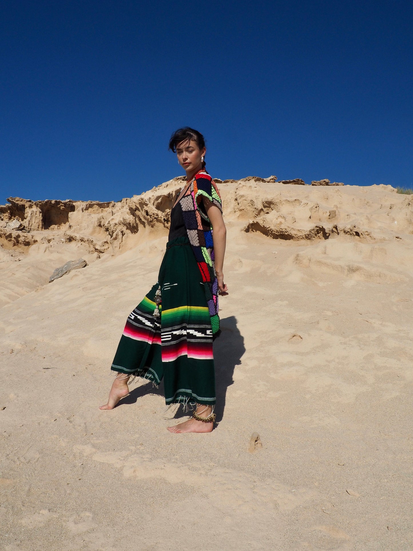 Vintage Mexican textiles up-cycled wide leg pants in green with pink tones made by Vagabond Ibiza