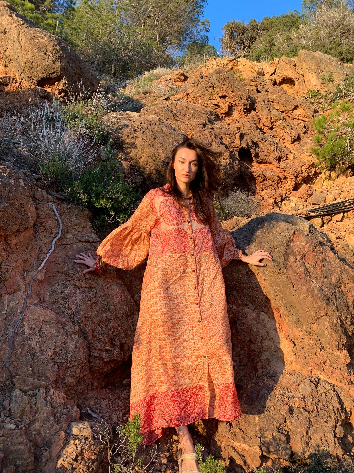 The Lenya Up-cycled Vintage Sari Dress – Sustainable Boho Dress with Oversized Sleeves Matching Scrunchy & Storage Bag