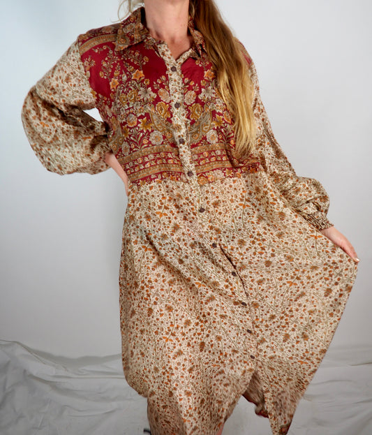 The Lenya Up-cycled Vintage Sari Dress – Sustainable Boho Dress with Oversized Sleeves Matching Scrunchy & Storage Bag