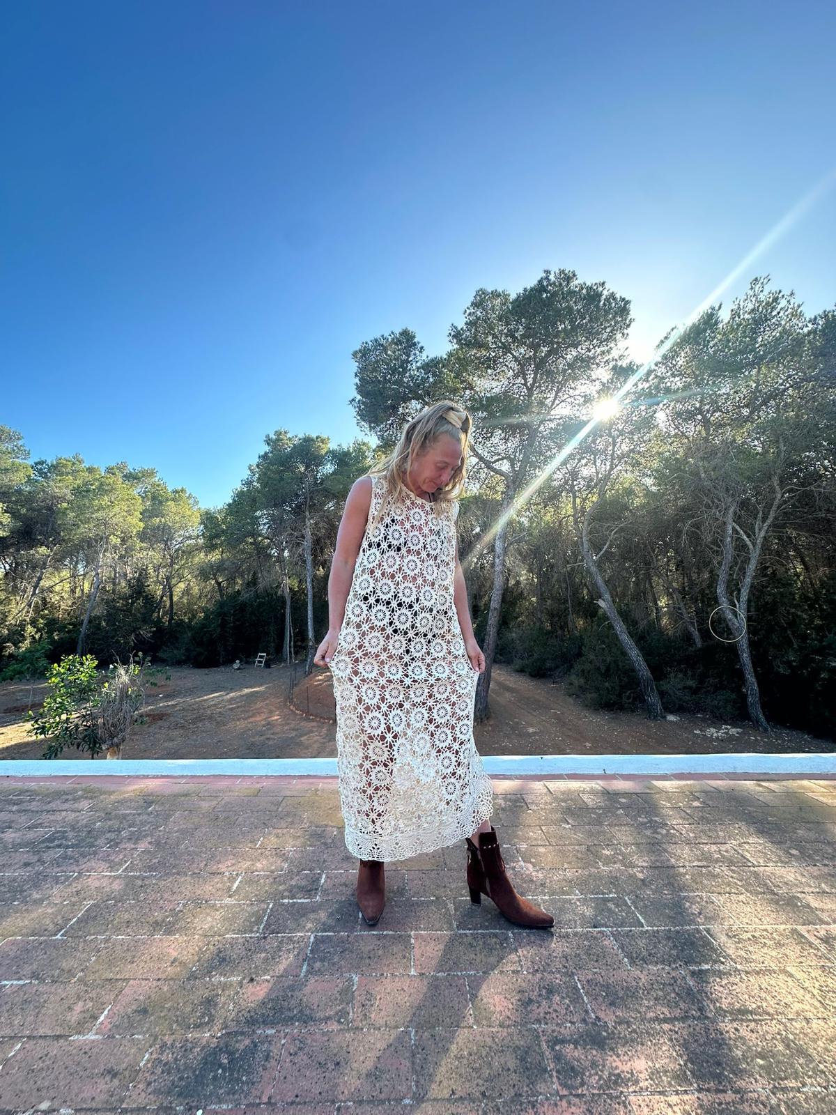 Creamy gold vintage crochet up-cycle long beach cover up with side split Ibiza party dress made by Vagabond Ibiza