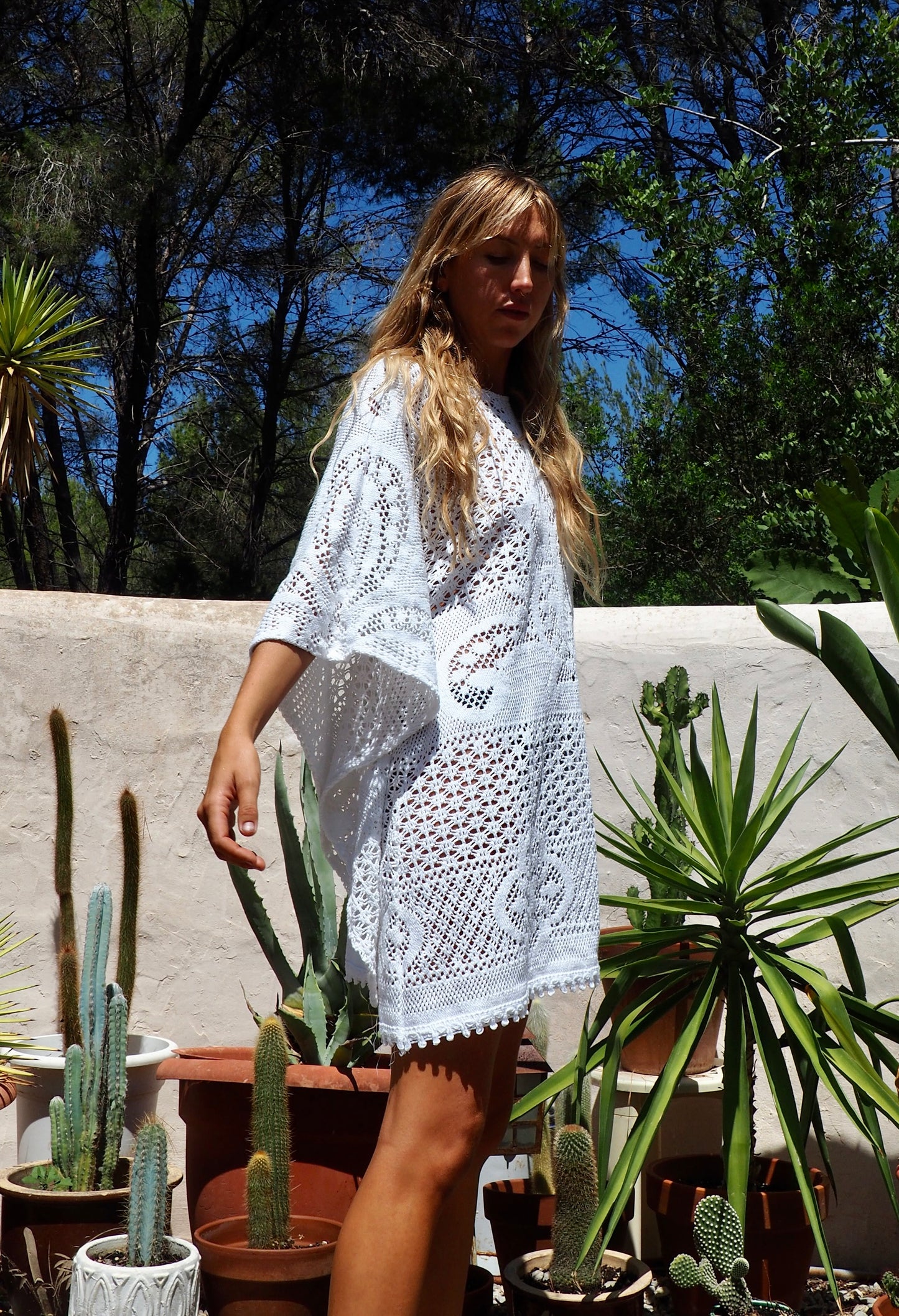 White vintage crochet bell sleeve shirt dress up-cycled by Vagabond Ibiza made in our atelier in Ibiza