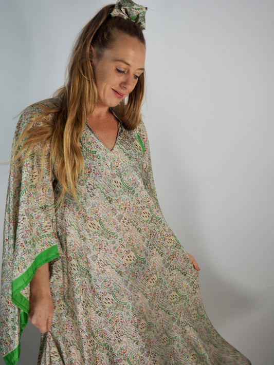 The Diamond Bias-Cut Maxi Dress – Up-cycled Vintage Sari Sustainable Dress with angel Sleeves + Matching Scrunchy & Bag