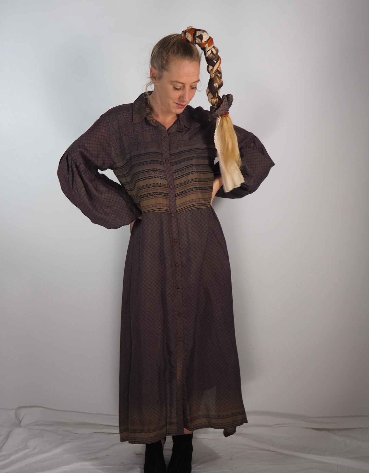 The Lenya Up-cycled Vintage Sari Dress – Sustainable Boho Dress with Oversized Sleeves Matching Scrunchy & Storage Bag*