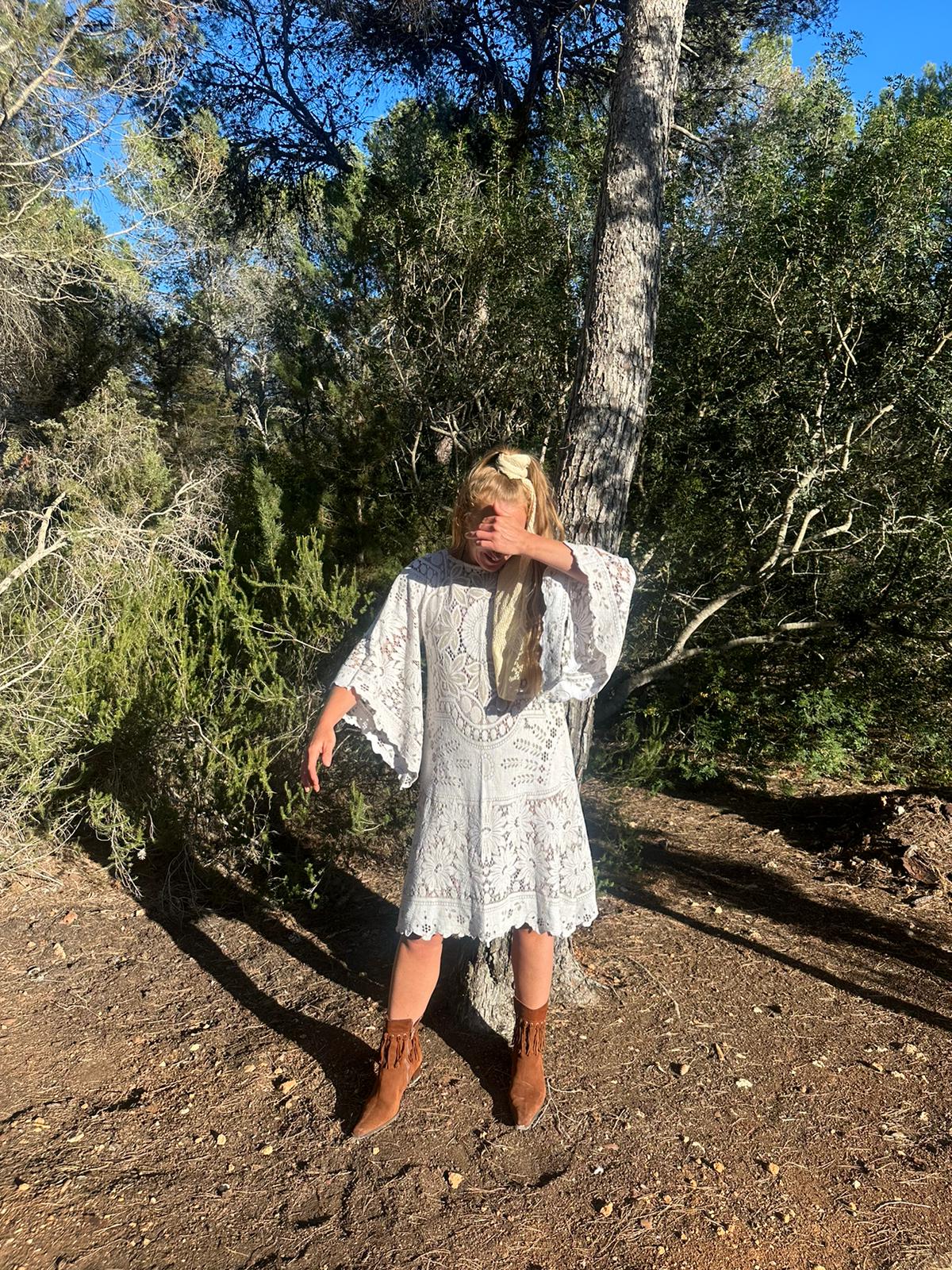 White vintage lace upcycled bell sleeve dress made by Vagabond Ibiza made in Ibiza