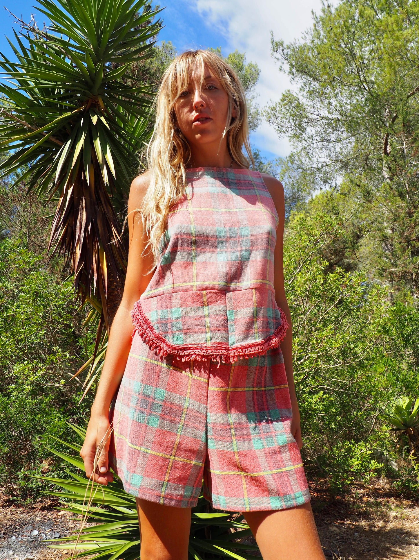 Vintage red and green 1970’s checked table cloth top by Vagabond Ibiza