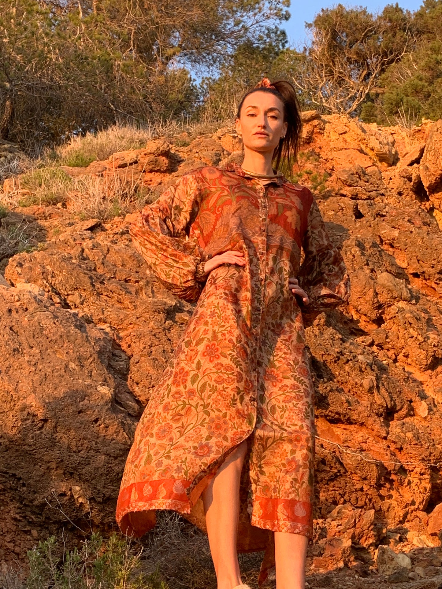 The Lenya Up-cycled Vintage Sari Dress – Sustainable Boho Dress with Oversized Sleeves Matching Scrunchy & Storage Bag