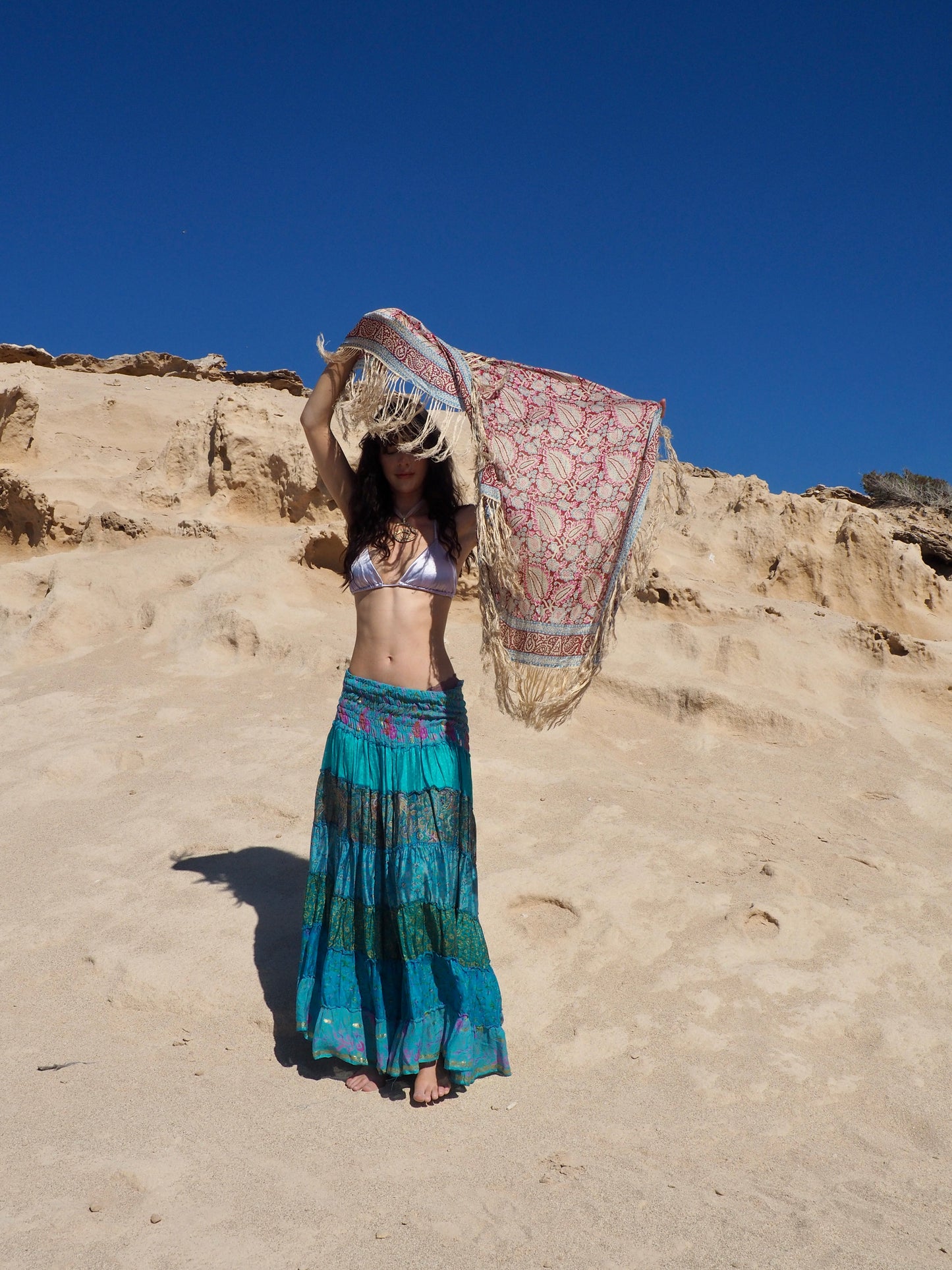 Vintage Indian Recycled Silk Saree Patchwork Maxi Skirt - Sea Blue Tones